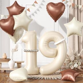 20 Cream White Balloons, 20 Number Balloons Set, Beige Number 20 Balloons, Brown Sand White Foil Star Heart Balloons With Long Balloons For 20th Birthday Party 2nd Baby Shower Decorations