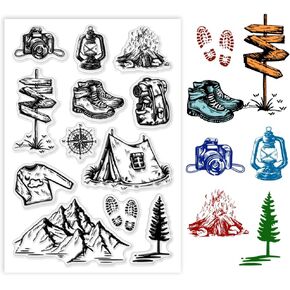PH PandaHall Camping Gear Clear Stamps Transparent Silicone Stamp Mountain Forest Clear Stamp Tent Picnic Backpack Clear Stamp Rubber Seal Stamps for Card Making DIY Scrapbooking Photo Album Decor