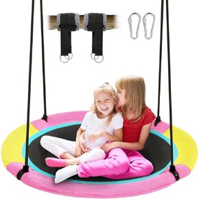 40 Inch Saucer Tree Swing for Kids Outdoor, Textilene Fabric Tear & UV Resistant Waterproof, Round Disc Circle Swing with Adjustable Hanging Straps, Swing Set for Backyard Garden, Pink