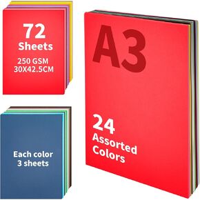 souG Heavy Colored Cardstock, 72sheets Colored Paper, A3 Size - 11.8" x 16.73", 90 lb/250 gsm, 24 Colors, Double Sided Printed Cardstock Paper for DIY Art, Paper Crafting, School Supplies