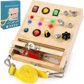 Wooden Montessori Busy Board مع LED Light ، Toddler Toddler Toddler Tools With Box & Strap