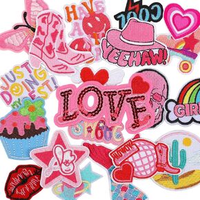 20pcs Western Iron on Patches for Girls, Pink Iron on Patches for Cowgirl, Cute Sew on Applique Patches for Clothing Jacket Jeans Pants Dress Backpack Hats DIY Accessories