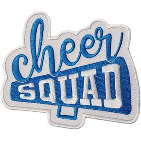Cheer Squad Cheerleading Patch, Iron-on Embroidered Applique for Trucker Hats, Shoes, Jackets, Camo, & Bags (Blue & White) Size 4