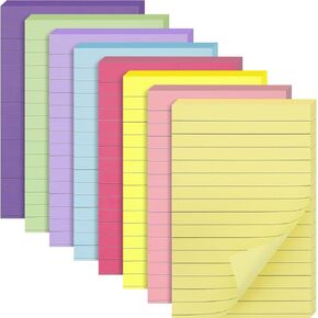 EOOUT 8 Pack Lined Sticky Notes 4x6 Inches, Pastel Ruled Self-Stick Pads, Colorful Super Sticking Power Memo Pads, Strong Adhesive Notes for Home, Office, School, Meeting, 45 Sheets/pad