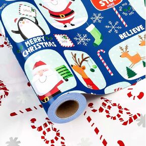 Merture Blue Christmas Wrapping Paper Roll - 17 In X 32.8 Ft (46.5 sq.ft.ttl.) Reversible Design Chhristmas Gift Wrap with Happy Santa, Snowman, Reindeer, Penguin, Bear, Robin Pattern for Christmas