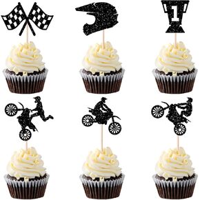 24 Pcs Black Glitter Motorcycle Cupcake Toppers Motocross Dirt Bike Happy Birthday Party Cupcake Picks for Sports Motocross Theme Man Boy Birthday Party Cake Decorations Supplies