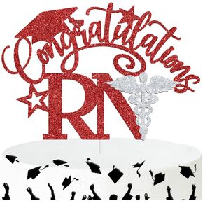 Congratulations RN Cake Topper, Congrats Nurse/BSN Cake Decor, 2025 Nursing School Grad Graduation Party Decorations Supplies, Silver and Red Glitter