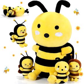 Aoriher 5 Pcs Stuffed Animals 1 Large Plush Bee and 4 Cute Plush Baby Soft Bees for Birthday Gifts, Baby Shower Theme Party Decorations