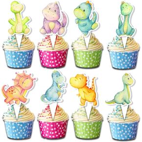 24 PCS Dinosaur Cupcake Toppers - Dino Party Decorations for Kids Hirdrinch and Baby Righers