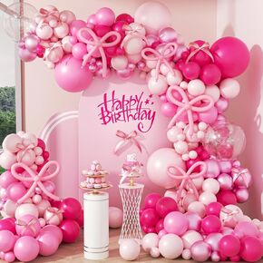 140pcs Bow Hot Pink Balloon Arch Kit, Hot Pink Light Pink Metallic Pink Balloons 18inch Clear Balloons Pink 260 Balloons for Pink Bow Coquette Birthday Decorations Baby Shower Party Decorations