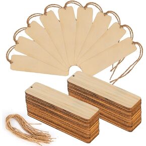Wood Blank Bookmarks, Rectangle Wooden Book Marks Thin Hanging Tag with Jute Ropes for Wedding Birthday Party Decoration DIY Projects (72 Pack Bookmarks)