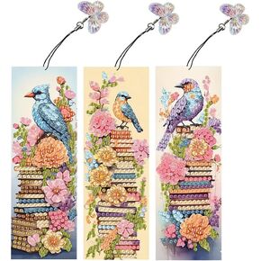 pigpigboss 3 Pieces Flower Bird Diamond Painting Bookmark Kit, Book Ladder Diamond Painting Bookmark Arts, Acrylic Bookmark Birds Stand on The Book Paint with Diamond for Adult Book Decor