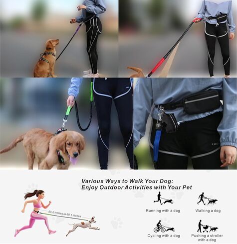 Hands-Free Dog Leash with Dual Handle Bungee & Reflective Waist Bag, Large Zipper Pouch for Running, Walking, Jogging, Hiking ，Fluorescent Green in Saudi Arabia