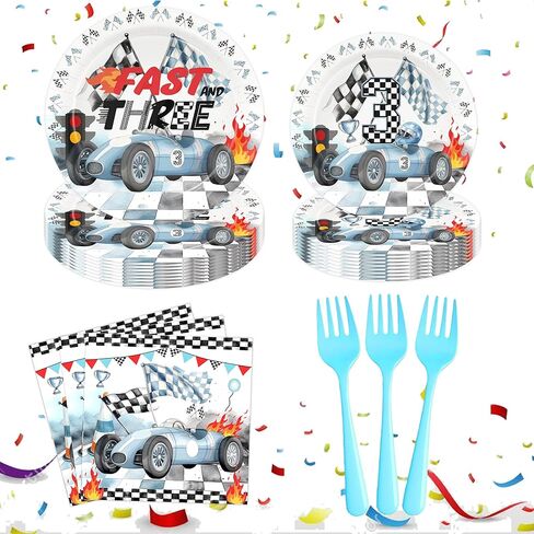 Race Car 1st Birthday Birthday Paper Plates Napkins and disposable forks Fast One Birthday Decrations Race Car Party Supplies Blue black Race Car One Birthday Decorations for Boy 1st Bday in Kuwait