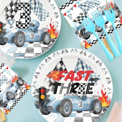 Race Car 1st Birthday Birthday Paper Plates Napkins and disposable forks Fast One Birthday Decrations Race Car Party Supplies Blue black Race Car One Birthday Decorations for Boy 1st Bday in Kuwait