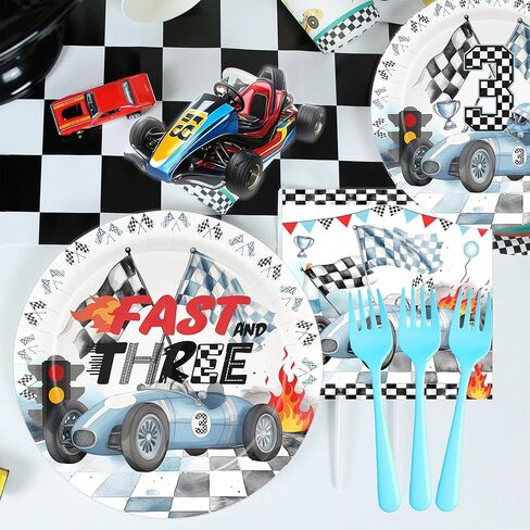Race Car 1st Birthday Birthday Paper Plates Napkins and disposable forks Fast One Birthday Decrations Race Car Party Supplies Blue black Race Car One Birthday Decorations for Boy 1st Bday in Kuwait
