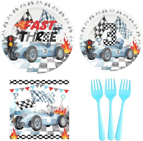 Race Car 1st Birthday Birthday Paper Plates Napkins and disposable forks Fast One Birthday Decrations Race Car Party Supplies Blue black Race Car One Birthday Decorations for Boy 1st Bday in Kuwait