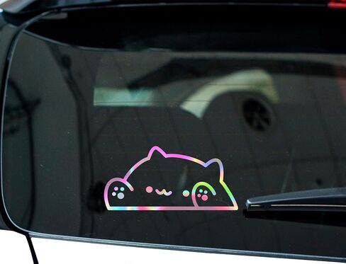 Bongo Cat Car Sticker - 2 pack, Holographic Bumper Car Window Transfer Sticker decals 6 inches, Premium Vinyl Sticker Water Proof Weather Proof, Cat Meme Rainbow Sticker (2pk) Silver Holo Bongo Cat) in Saudi Arabia