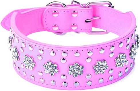 Rhinestones Dog Collars Flower Pattern Rhinestone Studded Leather Sparkly Crystal Diamonds Dazzling Sparkling Elegant Fancy PU Leather Dog Collar for Medium & Large Dogs (L, Purple) in Kuwait