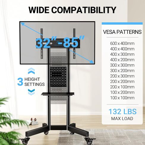 PERLESMITH Rolling TV Stand with Pegboard Storage for 32-85 Inch TVs Holds up to 132 Lbs, Height Adjustable Mobile TV Stand with Laptop Shelf, Portable tv Stand for 4K TVs Max VESA 600x400mm PSTVMC01 in Saudi Arabia