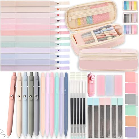 Aesthetic School Supplies with Pencil Pouch - 57 Pcs Cute College Essentials Set, Big Capacity Pen Case, Eraser Holder, Pastel Highlighters, Bible Study Journaling Stationary Kit for Girls Teens in Saudi Arabia