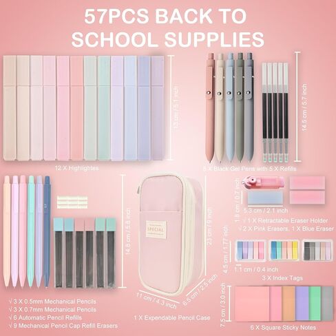 Aesthetic School Supplies with Pencil Pouch - 57 Pcs Cute College Essentials Set, Big Capacity Pen Case, Eraser Holder, Pastel Highlighters, Bible Study Journaling Stationary Kit for Girls Teens in Saudi Arabia