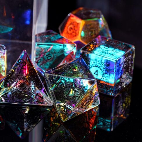 udixi prism الزجاج الزجاجي مجموعة 7pcs قوس قزح الزجاج DND DICE مع صندوق الهدايا للأبراج المحصنة والتنين D&D MTG Table Games (12 كوكبة) in Saudi Arabia