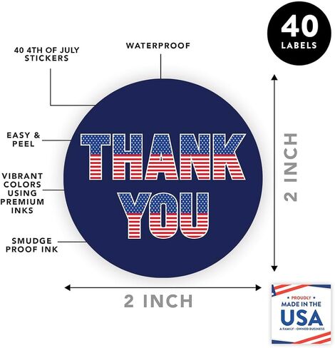 Andaz Press 40 Pack 4th of July Stickers, 2" Navy Blue Thank You American Flag Fourth of July Stickers, USA Patriotic Stickers for Kids 4th of July Party Favors Memorial Day Veterans Day Red Stickers in Saudi Arabia