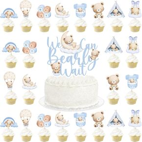 Bear Baby Shower Decorations - 25 Pcs We Can Bearly Wait Baby Shower Cake Picks Decor, Blue Cute Bear Moon Cupcake Toppers, Boy Girl Gender Reveal Party Supplies Table Dessert Decoration