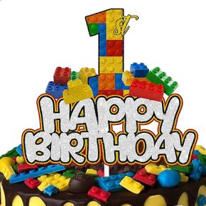Colorful Glitter Happy Birthday 2 Cake Topper Cheer to Building Blocks Block Theme Decor Supplies Happy 2nd Birthday Party Decorations