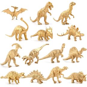 Metallic Gold Plastic Dinosaurs Figurine Toys, 14pcs Jumbo Golden Dinosaur Cake Topper Figures for Baby Shower, Bridal Shower Decorations, Kids Dino Themed Birthday Party Supplies Cake Topper