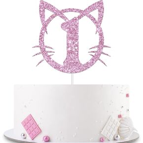 Cat 1 Cake Topper ، 1st عيد ميلاد الديكور ، Pet Cat Kitty موضوع واحد سنة واحدة الكعكة Topper Pink Glitter اللوازم الحزب لطيف
