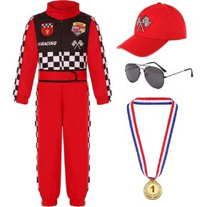 Kids Race Car Driver Costume Boys Girls Racer Jumpsuit With Car Cap Kids Dress Up for Halloween