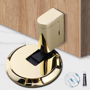 Door Stoppers for Bottom of Door - Heavy Duty Door Stop Holder with 3M Adhesive Tapes, No Drill Door Stopper for Wall & Floor, Soft-Catch Technology, Gold Rustproof Zinc Alloy