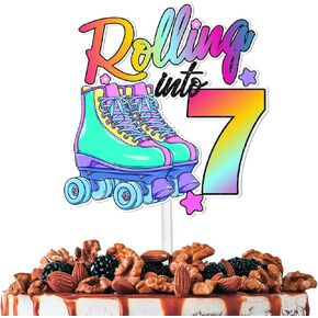 Glitter Cake Topper Pick for 80s 90s Retro Roller Skates Hip Hop Roller Skating Rolling into 5 Party Decor Supplies Children Boys Girls 5th Happy Birthday Theme Decorations