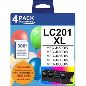 LC201 LC203XL Ink Cartridges High Yield(Black, Cyan, Magenta, Yellow, 4-Pack) - LC201BK LC201CL Ink Cartridges Replacement for Brother LC201 Ink Cartridges MFC-J460DW MFC-J480DW MFC-J485DW Printer