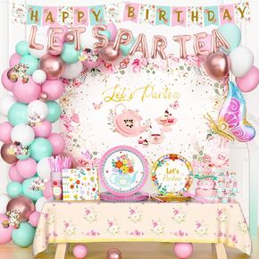 Tea Party Decorations, Lets Par Tea Supplies with Teapot Floral Backdrop Balloon Banner Tablecloth Tableware Plates Napkins Cups Straws Knives Forks Spoons for Birthday Baby Shower