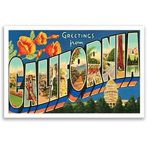GREETINGS FROM CALIFORNIA vintage reprint postcard set of 20 identical postcards. Large letter US state name post card pack (ca. 1930's-1940's). Made in USA.