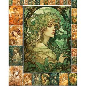 حزمة ورق decoupage (35 ورقة 6 "x8") غابات جميلة جداً سيدات خيالية تحيط بها الزهور والطبيعة فلونز آرت nouveau alphone بطاقات صور عتيقة لتفكك وحرف القصاصات والخردة