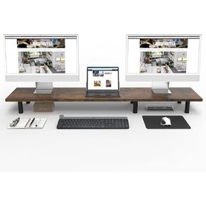 Large Dual Monitor Stand Riser 43.3IN，Vintage Home Office Storage For Desk Accessories，Solid Wod Desk With Adjustable Legs For computer/PC/Laptop/Printer/Container/dressing table