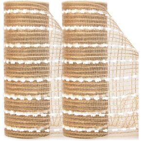 Ribbli Christmas Tree Ribbon Garland-2 Rolls Snowball Natural Burlap Mesh Ribbon,10 inch x 30 feet(10Yard), Christmas Ribbon for Wreath Swags and Christmas Tree