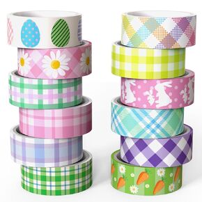 Easter Washi Tape,12 Rolls Holiday Spring Plaid Decorative Tape Cute Colorful Bunny Egg Carrot Flower Masking Washi Tape for Journaling Supplies, Scrapbooking, Party, DIY Arts & Crafts