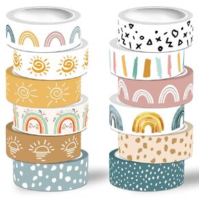 Rainbow Washi Tape Set,12 Rolls Boho Decorative Tape Colorful Cute Masking Tape for Journaling Supplies, Junk Journal, Scrapbooking, DIY Arts & Crafts, Planner, Gift Wrapping