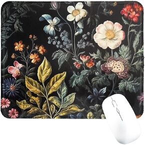 Dark Cottagecore Flowers Square Mouse Pad with Non-Slip Rubber Base, Washable Mousepad Lycra Cloth Stitched Edge 9.5 x 7.9 Inch, Desk Accessories