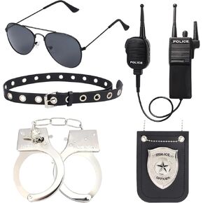 Kyson 5 Pcs Police Officer Costume Accessories Cop Dress Up Halloween Theme Party Handcuff Badge Belt Shades Walkie Talkie