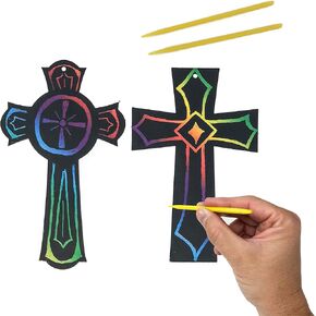 Podzly 50 Scratch Art Cross Ornament Craft Kit - Easter Religious Crafts for Kids, Scratch Art Crosses Church Gifts for Children, Kids Party Favors Arts & Crafts, Magic Color Scratch Art Paper Crosses