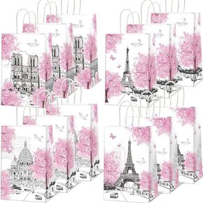 12 PCS Paris Eiffel Tower Gift Candy Bags Spring Paris Party Goodie Bags Pink Eiffel Tower Treat Bags European City Landscape Bags for Kid Boy Girl Paris Baby Shower Birthday Party Weddings Supplies