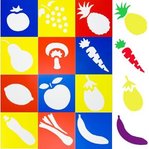 12 PCS Stencils Fruits and Vegetables Themed Template PP Reusable Primary Shape Chalk Stencils for Kids Washable Painting Drawing Journal Templates Art Craft Stencils 5.5 × 5.9 Inch