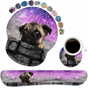 Keyboard Wrist Rest and Mouse Pad Wrist Support Set with Coasters, Non-Slip PU Base Ergonomic Gaming Mousepad for Home Office Working Studying Easy Typing & Pain Relief - Cute Pug
