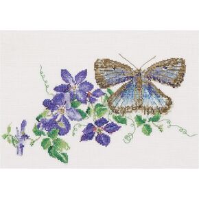 Thea Gouverneur - Counted Cross Stitch Kit - Butterfly-Clematis - Aida - 18 count - Embroidery Kit for Adults - DMC Embroidery Threads and other Cross Stitch Supplies Included - 438A